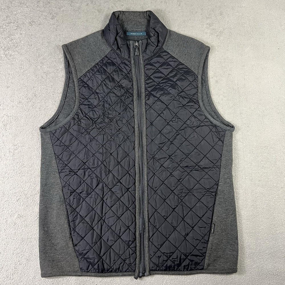 Perry Ellis Vest Mens M Gray Quilted Insulated Full Zip Lined Pockets Nylon